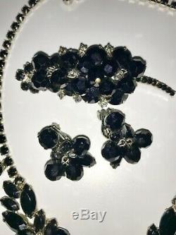 Juliana Vintage Jewelry Black Tie Bead Rhinestone Necklace Brooch Earring Set