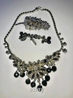 Juliana Vintage Jewelry Black Tie Bead Rhinestone Necklace Brooch Earring Set