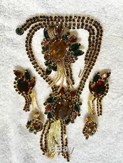 Juliana Vintage Jewelry Rhinestone Dangle Necklace Brooch & TWO Earrings Set