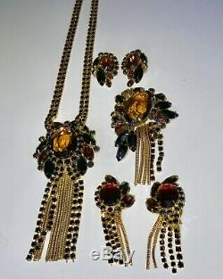 Juliana Vintage Jewelry Rhinestone Dangle Necklace Brooch & TWO Earrings Set