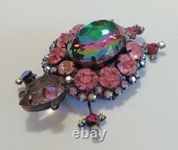 Juliana Vintage Pink Faceted Watermelon Glass Rhinestone Turtle Pin Brooch