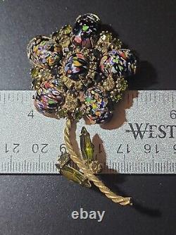 Juliana Vintage Rhinestone Millefiori Art Glass Rhinestone Flower Brooch Pin