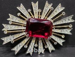 KJL Kenneth Jay Lane Signed Sun Burst Glass Red Rhinestone 3 Brooch Pin Vintage