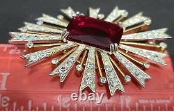 KJL Kenneth Jay Lane Signed Sun Burst Glass Red Rhinestone 3 Brooch Pin Vintage