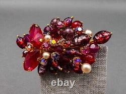 Kramer Austria Vintage Gold Tone Red Purple Gripoix Glass Faux Pearl Brooch Pin