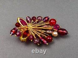 Kramer Austria Vintage Gold Tone Red Purple Gripoix Glass Faux Pearl Brooch Pin