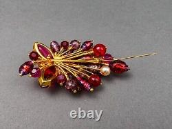 Kramer Austria Vintage Gold Tone Red Purple Gripoix Glass Faux Pearl Brooch Pin