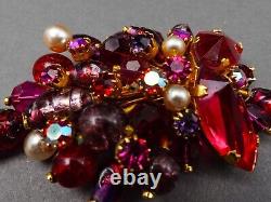 Kramer Austria Vintage Gold Tone Red Purple Gripoix Glass Faux Pearl Brooch Pin