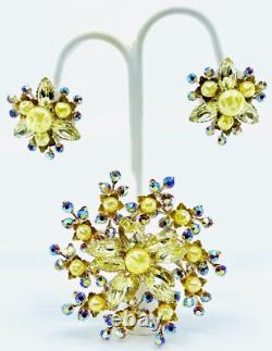 LARGE VINTAGE 1950's PRONG SET RHINESTONE BROOCH PIN EARRING SET 3 WIDE AURORA