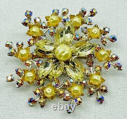 LARGE VINTAGE 1950's PRONG SET RHINESTONE BROOCH PIN EARRING SET 3 WIDE AURORA
