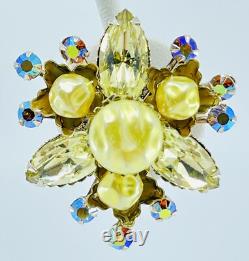 LARGE VINTAGE 1950's PRONG SET RHINESTONE BROOCH PIN EARRING SET 3 WIDE AURORA