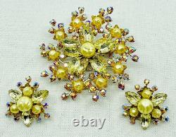 LARGE VINTAGE 1950's PRONG SET RHINESTONE BROOCH PIN EARRING SET 3 WIDE AURORA