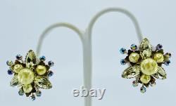LARGE VINTAGE 1950's PRONG SET RHINESTONE BROOCH PIN EARRING SET 3 WIDE AURORA