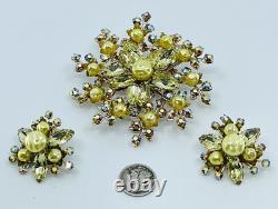 LARGE VINTAGE 1950's PRONG SET RHINESTONE BROOCH PIN EARRING SET 3 WIDE AURORA