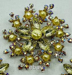 LARGE VINTAGE 1950's PRONG SET RHINESTONE BROOCH PIN EARRING SET 3 WIDE AURORA
