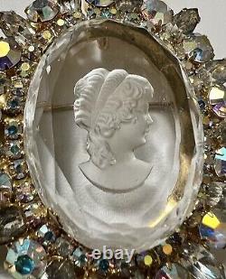 LARGE Vintage Prong Set AB Rhinestones Clear Glass Intaglio CAMEO Brooch Pendant
