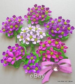 LOT of 8 VINTAGE Flower pin & Rhinestone RIBBON brooch Lavender PURPLE violets