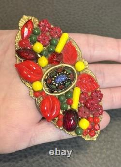 Large 3.5 Vintage Deco Art Glass Blown Rhinestone Cabochon Brooch Czech Jewelry