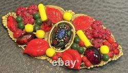 Large 3.5 Vintage Deco Art Glass Blown Rhinestone Cabochon Brooch Czech Jewelry