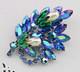 Large 3 Vintage D&E? Peacock Blue Rhinestone Lucite Pearl Flower Brooch Pin