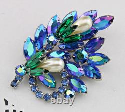 Large 3 Vintage D&E? Peacock Blue Rhinestone Lucite Pearl Flower Brooch Pin
