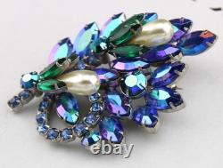 Large 3 Vintage D&E? Peacock Blue Rhinestone Lucite Pearl Flower Brooch Pin