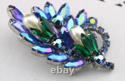 Large 3 Vintage D&E? Peacock Blue Rhinestone Lucite Pearl Flower Brooch Pin