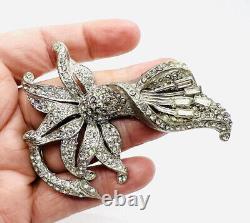 Large Art Deco Pave Set Clear Rhinestone Flower Brooch 3 1/4 in. Vintage Jewelry