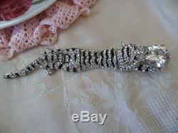 Large Art Deco Tiger With Crystal Ball Rhinestone Silver Articulated Brooch
