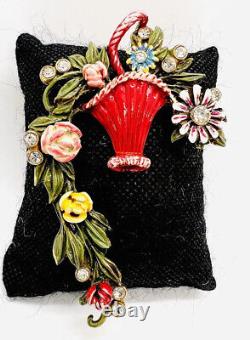 Large Cascading Flower Basket Brooch Enameled Rhinestone 3 3/8 Vintage Jewelry