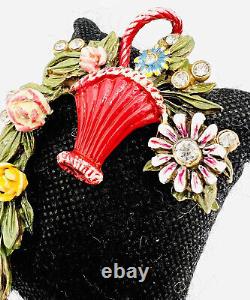 Large Cascading Flower Basket Brooch Enameled Rhinestone 3 3/8 Vintage Jewelry