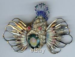 Large Coro Sterling Vintage Rhinestone Enamel Rockfish Fish Pin Brooch