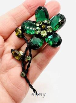 Large Green Rhinestone Flower Brooch Weiss Japanned Metal Vintage Jewelry