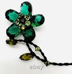 Large Green Rhinestone Flower Brooch Weiss Japanned Metal Vintage Jewelry