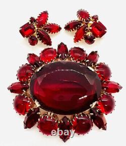 Large Red Glass Cabochon & Rhinestone Brooch & Earrings Demi Vintage Jewelry