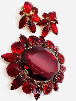 Large Red Glass Cabochon & Rhinestone Brooch & Earrings Demi Vintage Jewelry