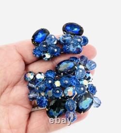 Large Royal Blue Rhinestone & Crystal Beaded Brooch Earring Demi Vintage