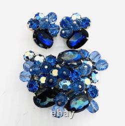 Large Royal Blue Rhinestone & Crystal Beaded Brooch Earring Demi Vintage