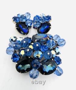 Large Royal Blue Rhinestone & Crystal Beaded Brooch Earring Demi Vintage