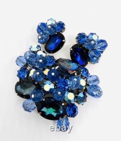 Large Royal Blue Rhinestone & Crystal Beaded Brooch Earring Demi Vintage