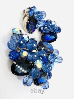 Large Royal Blue Rhinestone & Crystal Beaded Brooch Earring Demi Vintage