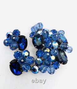 Large Royal Blue Rhinestone & Crystal Beaded Brooch Earring Demi Vintage