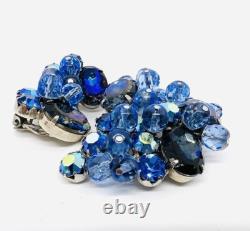 Large Royal Blue Rhinestone & Crystal Beaded Brooch Earring Demi Vintage