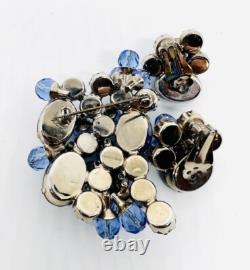Large Royal Blue Rhinestone & Crystal Beaded Brooch Earring Demi Vintage