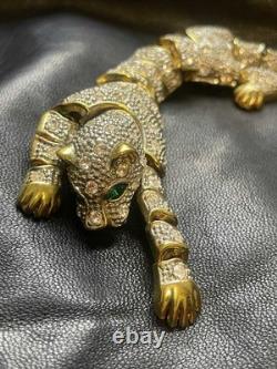 Large Vintage Articulated Rhinestone Panther Shoulder Brooch with Green eyes