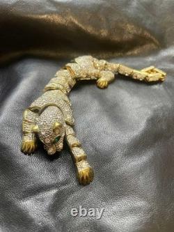 Large Vintage Articulated Rhinestone Panther Shoulder Brooch with Green eyes