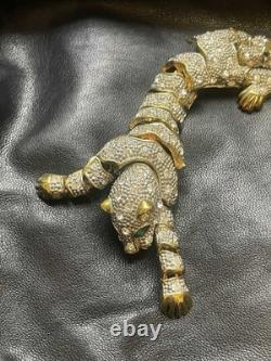 Large Vintage Articulated Rhinestone Panther Shoulder Brooch with Green eyes