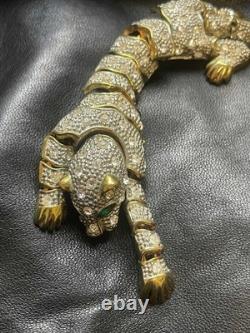 Large Vintage Articulated Rhinestone Panther Shoulder Brooch with Green eyes