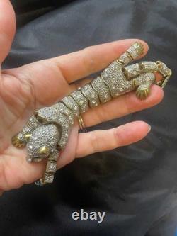 Large Vintage Articulated Rhinestone Panther Shoulder Brooch with Green eyes