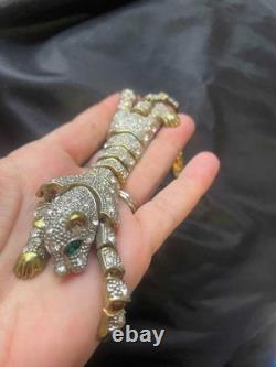 Large Vintage Articulated Rhinestone Panther Shoulder Brooch with Green eyes